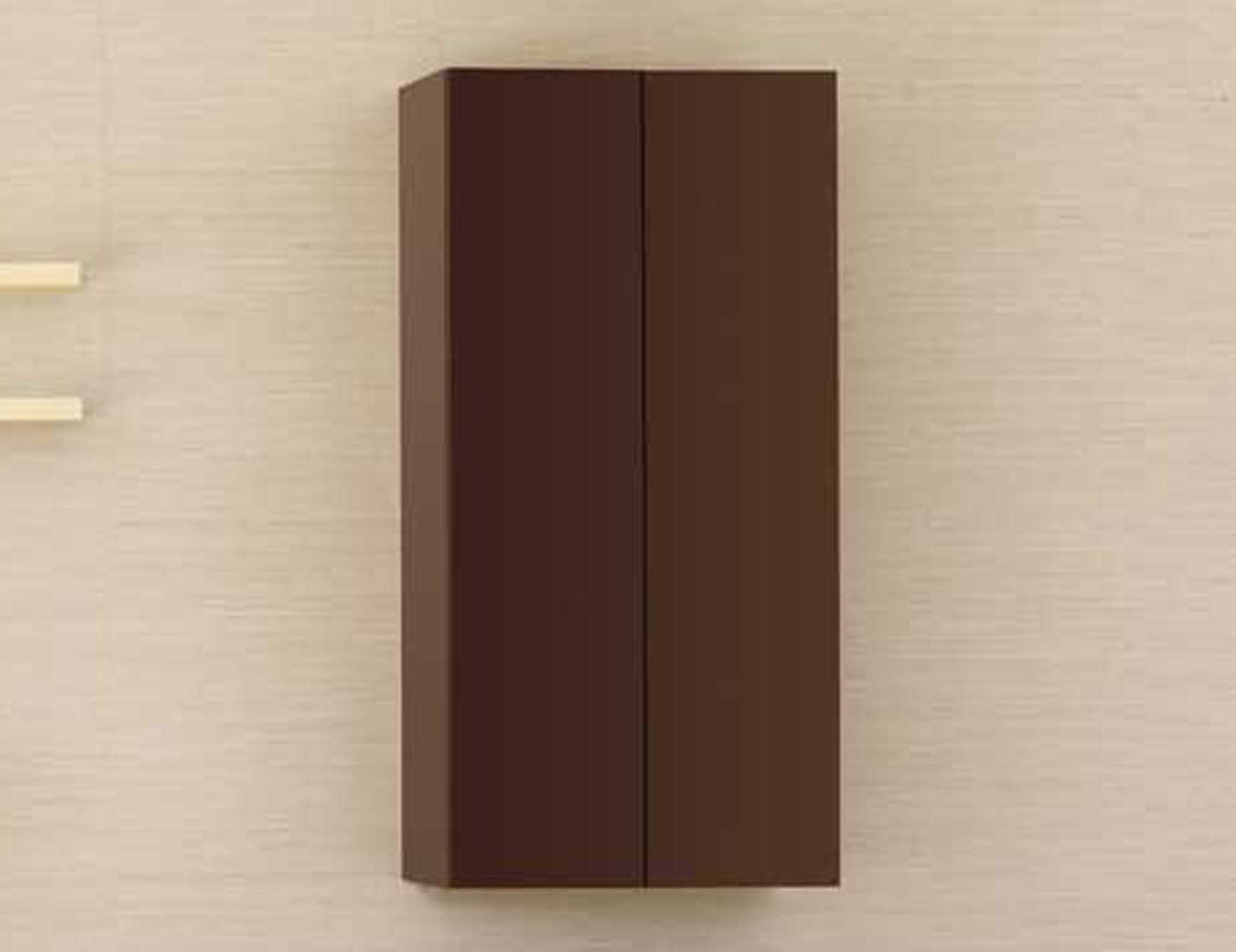 Wall-mounted tall wooden storage cabinet with dark brown finish